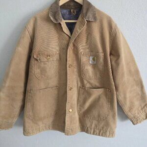 VTG Carhartt Mens Canvas Tan Jacket Blanket Lined Chore Barn Thrashed Size 42